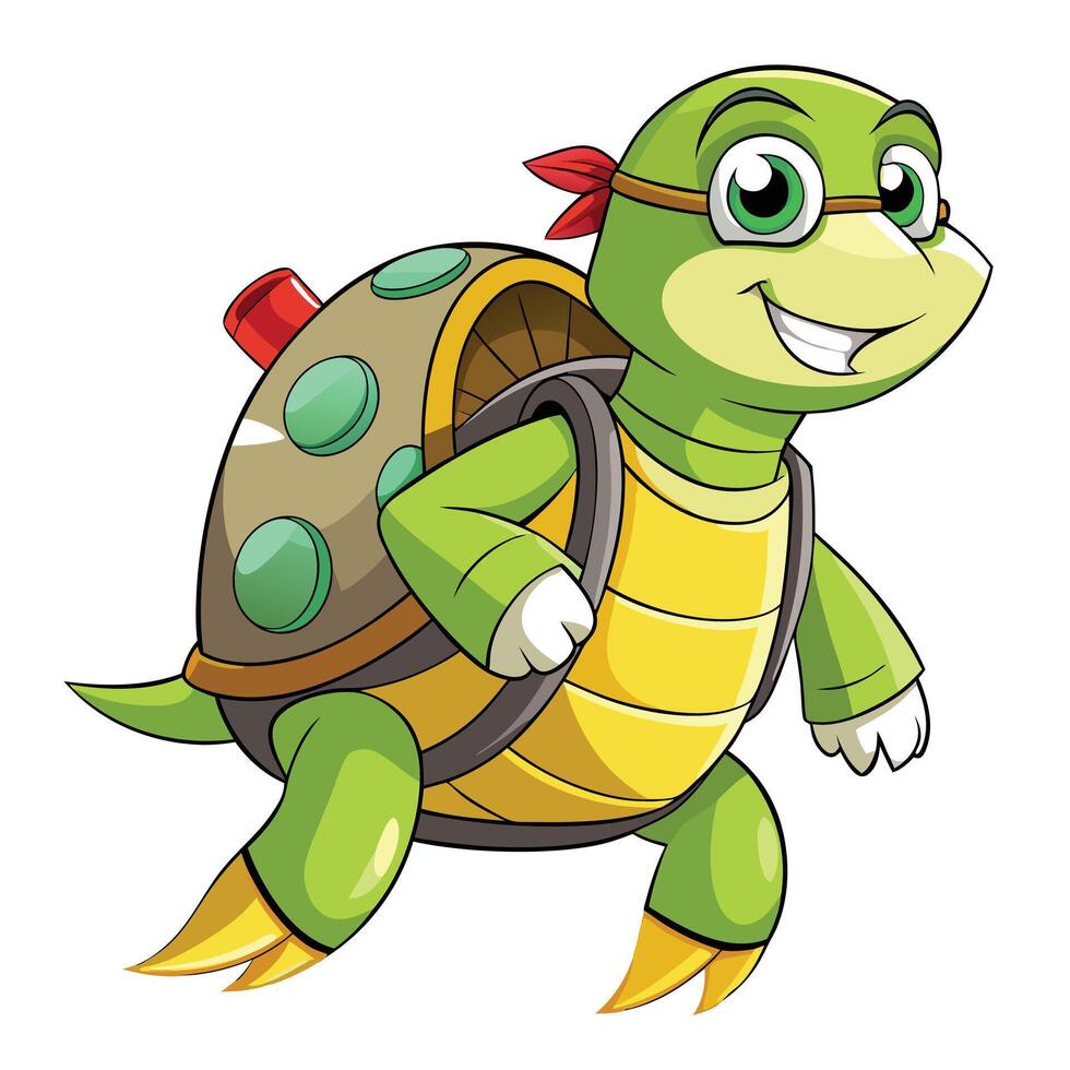 Cute cartoon illustration of a turtle with a small jetpack attempting flight vector