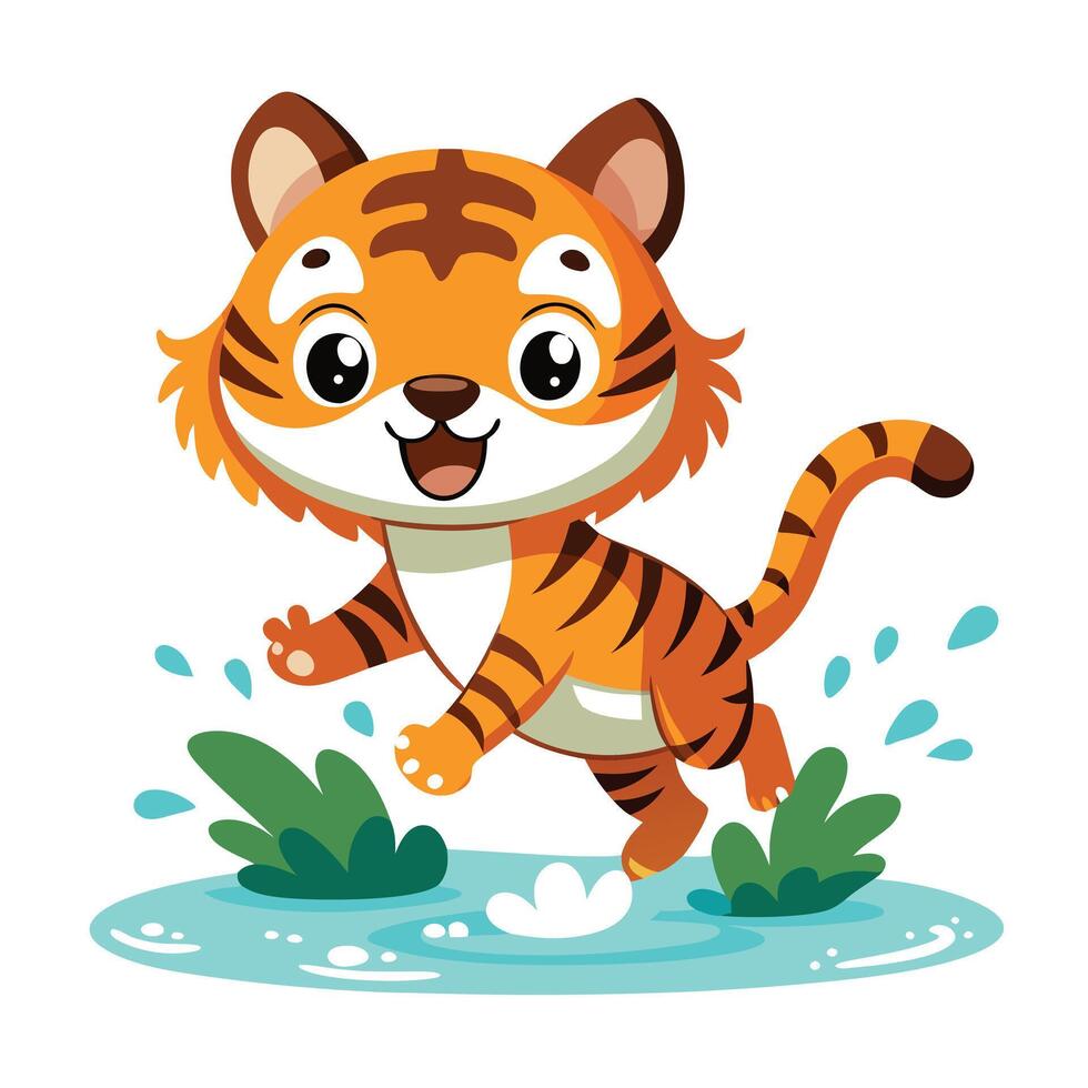 Cute cartoon tiger cub jumping in a puddle with water splashes vector