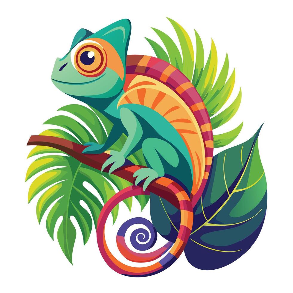 Serene chameleon perched gently on a leaf with its long tail wrapped around vector