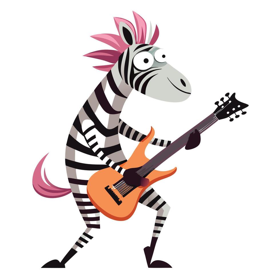 Playful cartoon zebra jamming on a guitar with an energetic and funky stance vector
