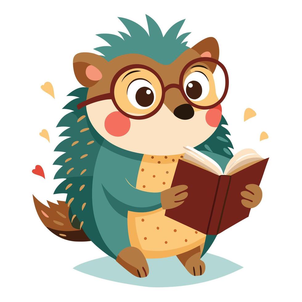 Cute charming hedgehog with small spectacles engrossed in reading a book vector