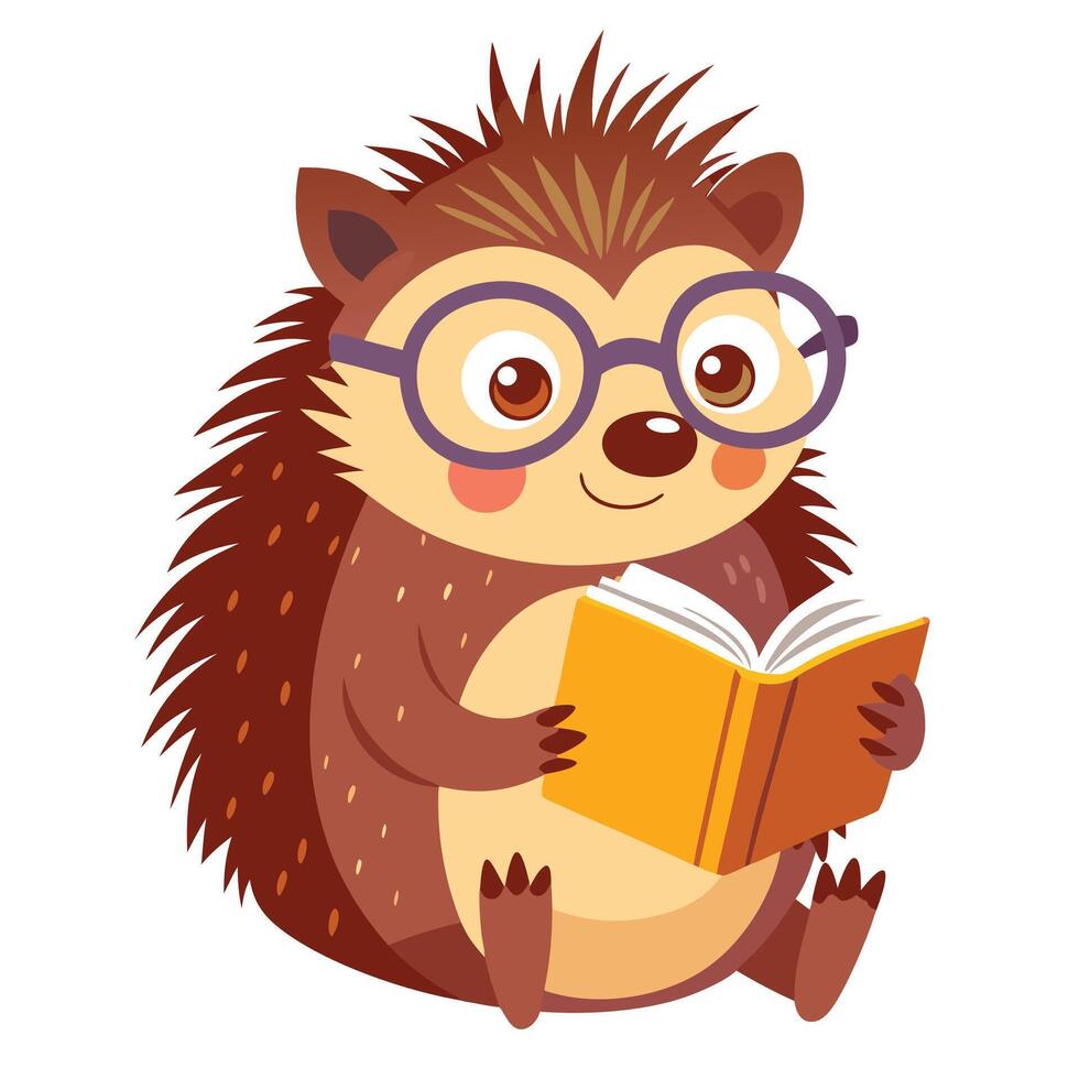 Whimsical charming hedgehog with little eyeglasses absorbed in a storybook vector