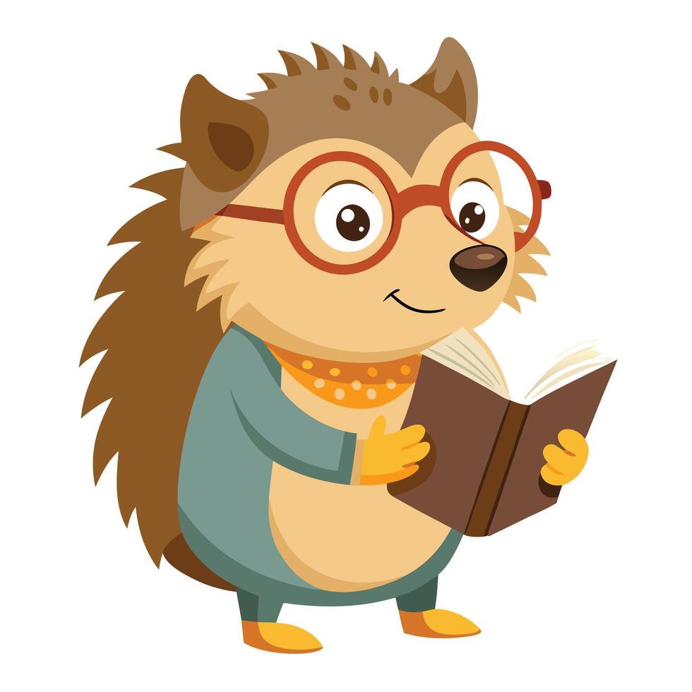 Cute charming hedgehog with small spectacles engrossed in a large book vector