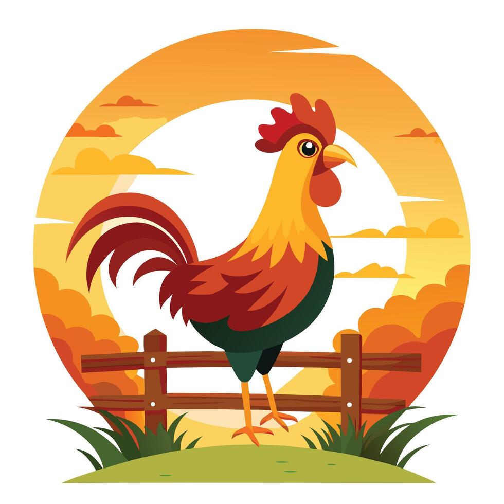 Whimsical charming rooster making a joyful noise on a farm fence at daybreak vector