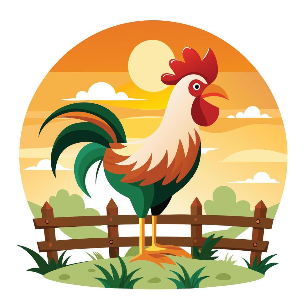 Happy charming rooster announcing the morning from a farm fence at dawn vector