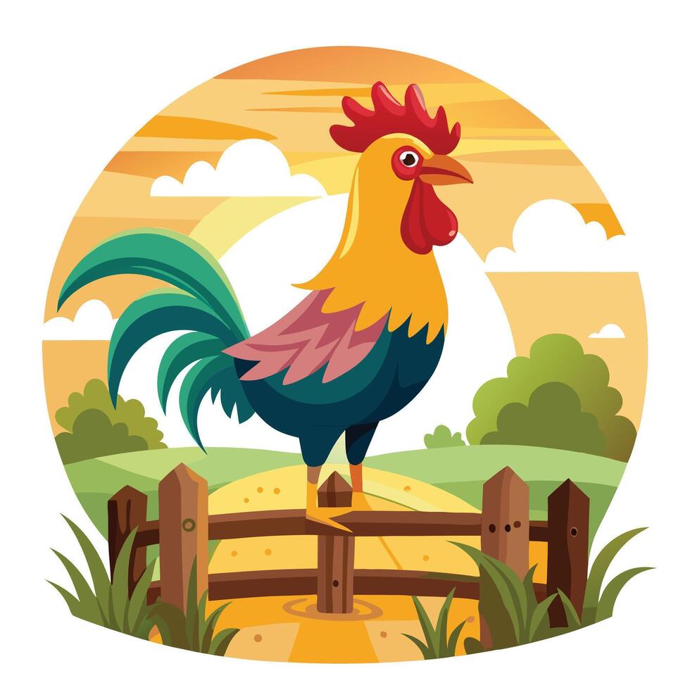 Cute charming rooster singing its morning call on a rural farm fence vector