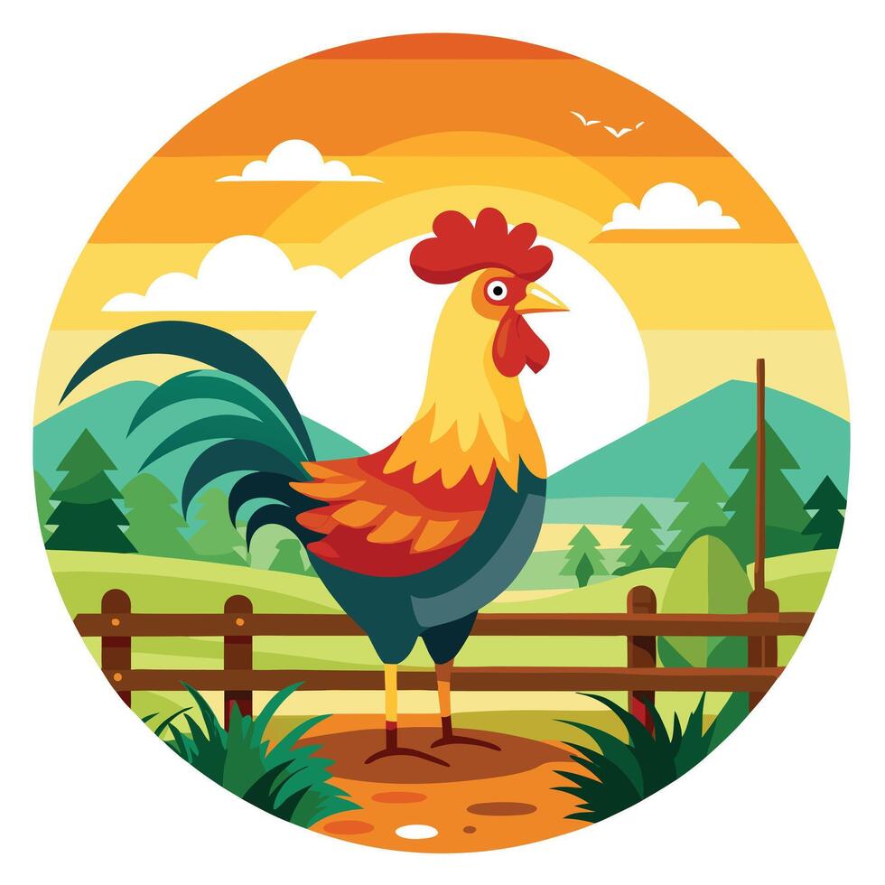 Cheerful charming rooster crowing loudly on a farm fence at sunrise vector