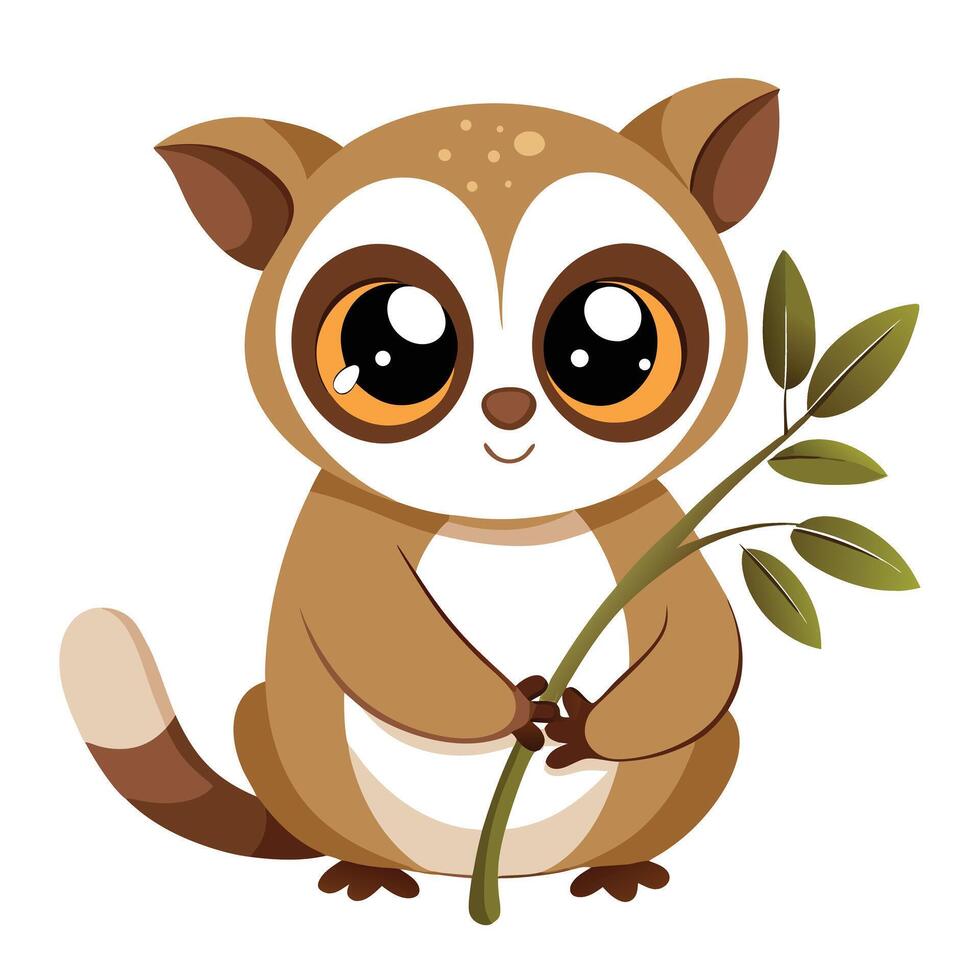 Happy charming slow loris with wide eyes carefully holding a bloom vector