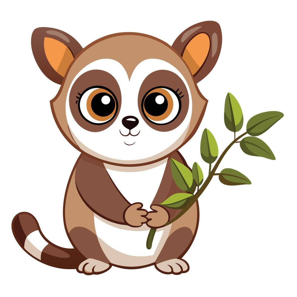 Adorable charming slow loris with large eyes gently holding a blossom vector