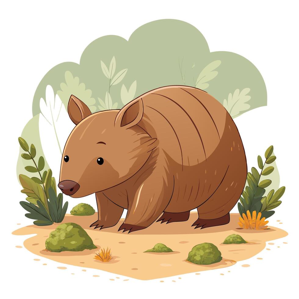 Whimsical charming wombat with its nose twitching while sniffing the forest earth vector