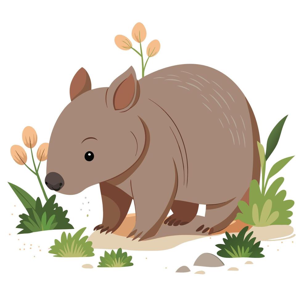 Happy charming wombat searching for food on the ground in a woodland scene vector