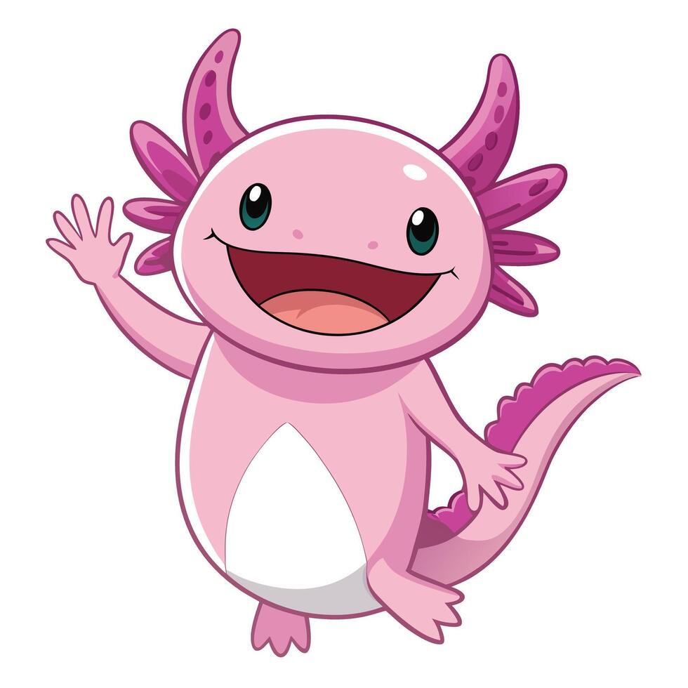 Adorable cheerful axolotl with a broad smile happily swishing its tail vector