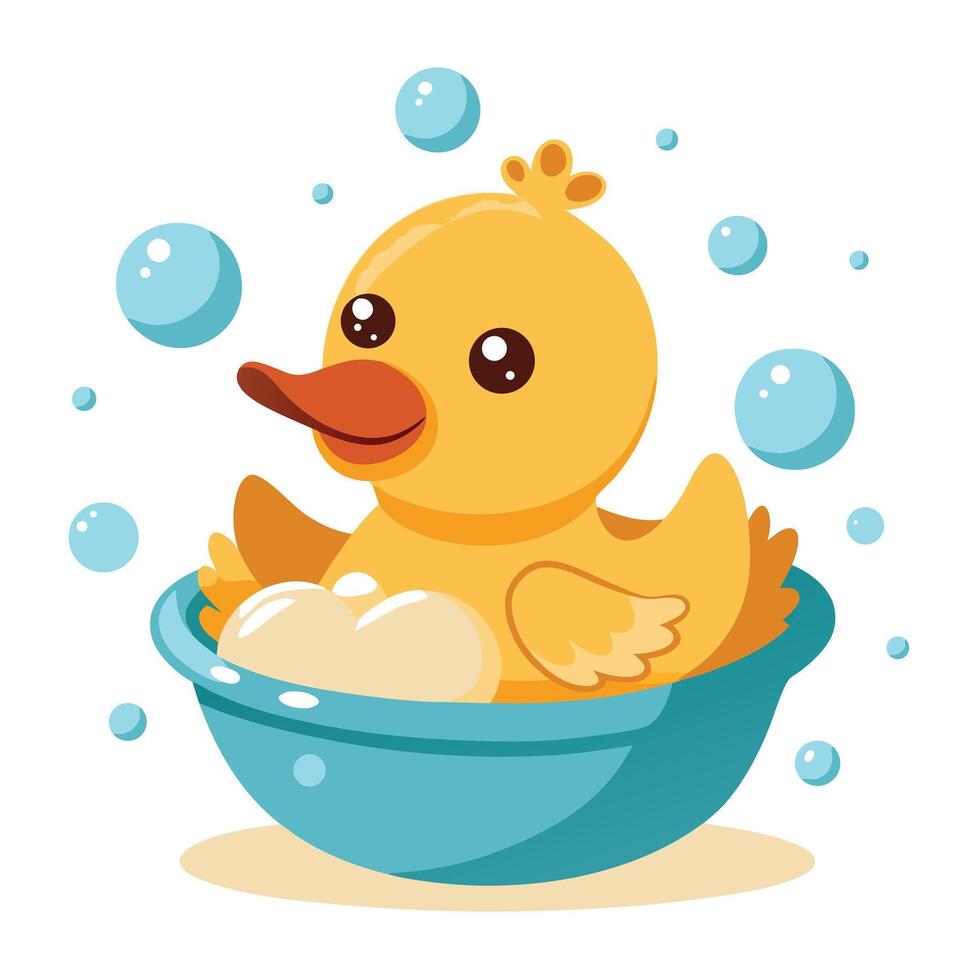 Happy cheerful duck floating in a bubbly bath with a yellow rubber duck vector