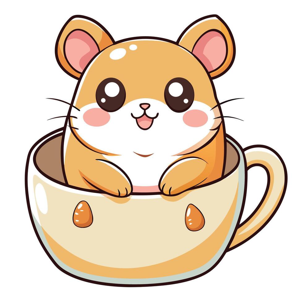 Playful chubby hamster in a little teacup holding a tiny flower vector
