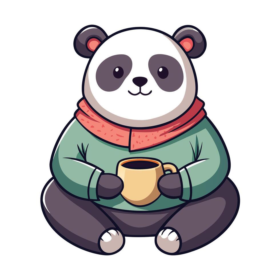 Happy chubby panda taking a break with a cup of tea illustration vector