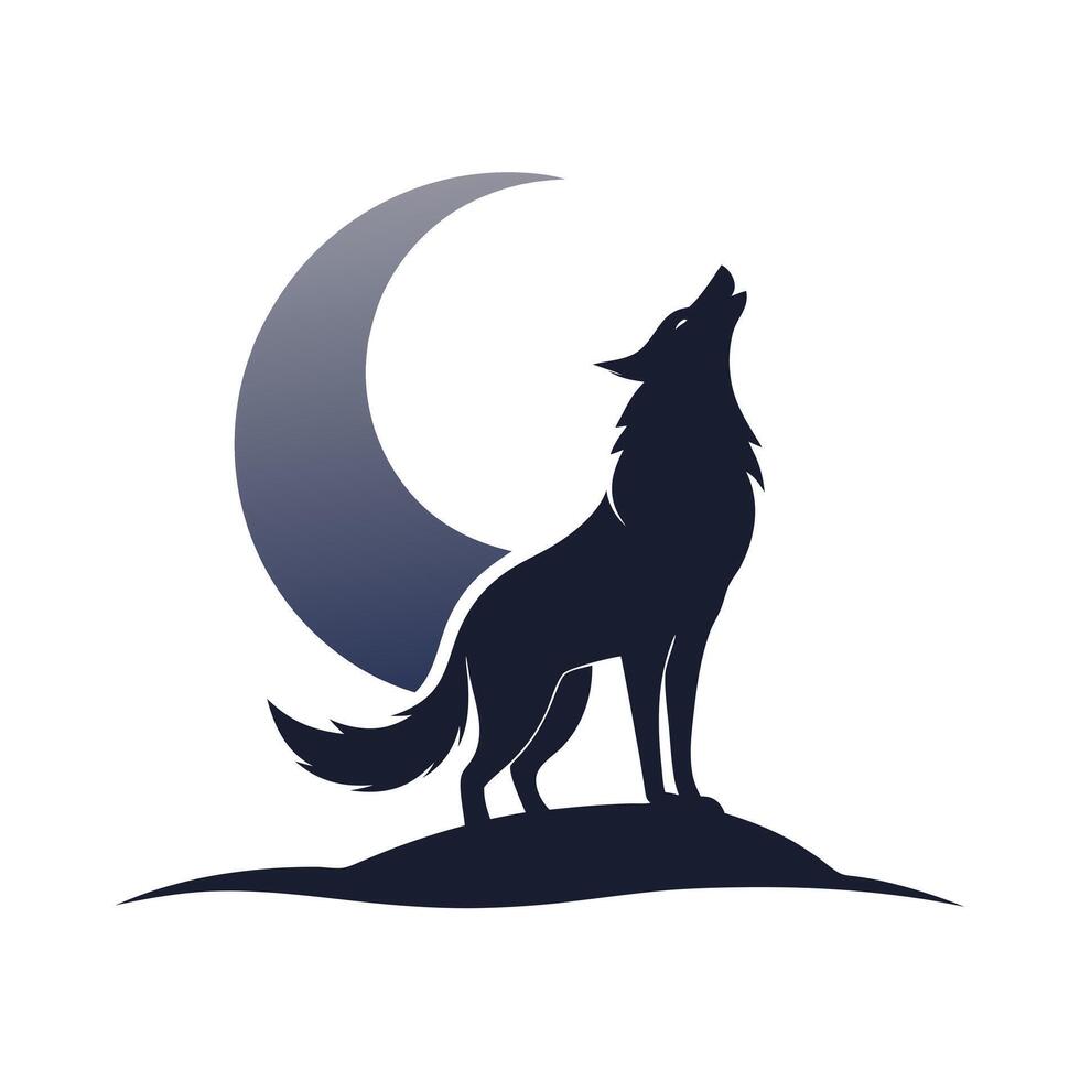 Intelligent coyote howling towards the moon silhouette illustration vector