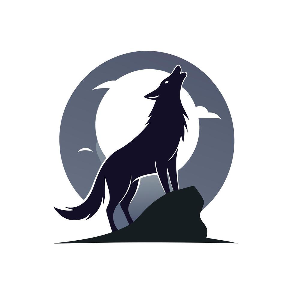 Smart coyote howling at a full moon in silhouette art vector