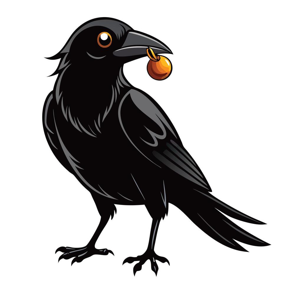 Clever crow holding a shiny object in its beak illustration vector