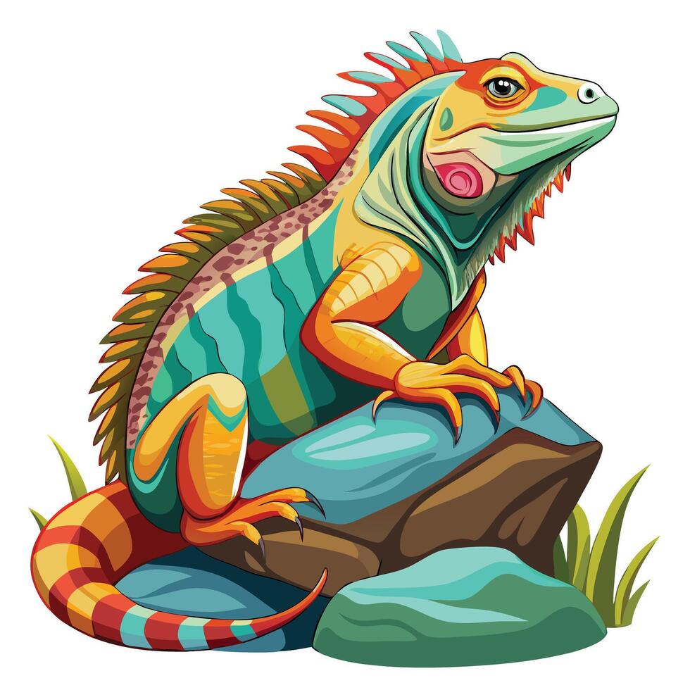 Vibrant iguana basking in the sun on a stone illustration vector