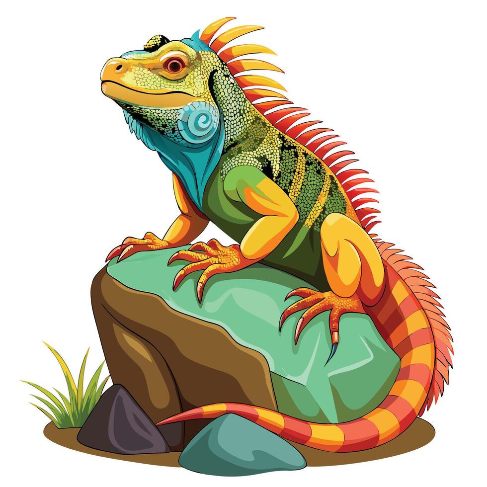 Brightly colored iguana relaxing on a sunny rock art vector