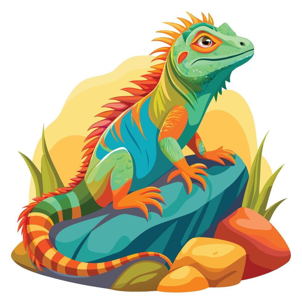 Radiant iguana enjoying the warmth of the sun on a rock illustration vector