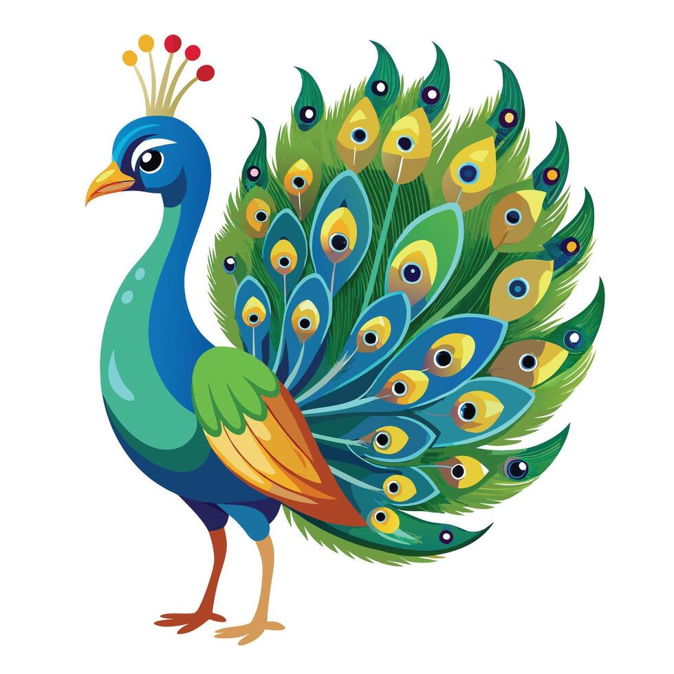 Confident peacock displaying its bright and colorful tail feathers vector
