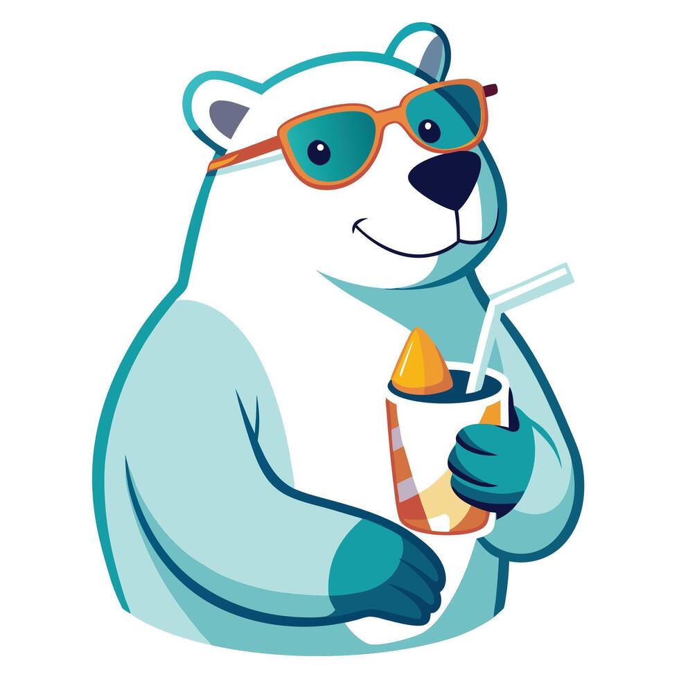 Stylish polar bear with sunglasses enjoying a cool beverage in a laid-back manner vector