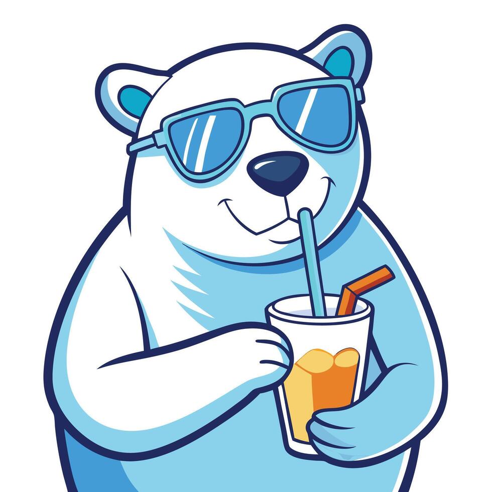 Trendy polar bear sporting shades and casually drinking a refreshing summer drink vector