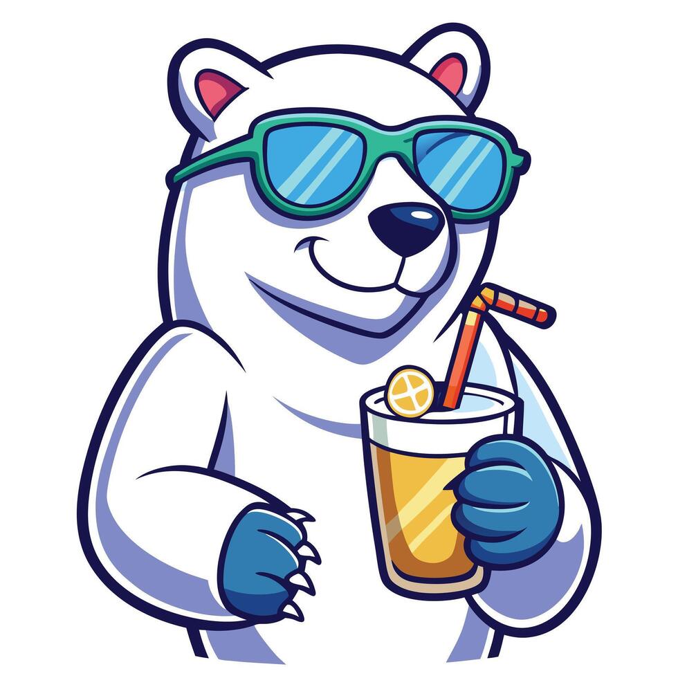 Hip polar bear with sunglasses chilling and sipping a tasty cold drink vector