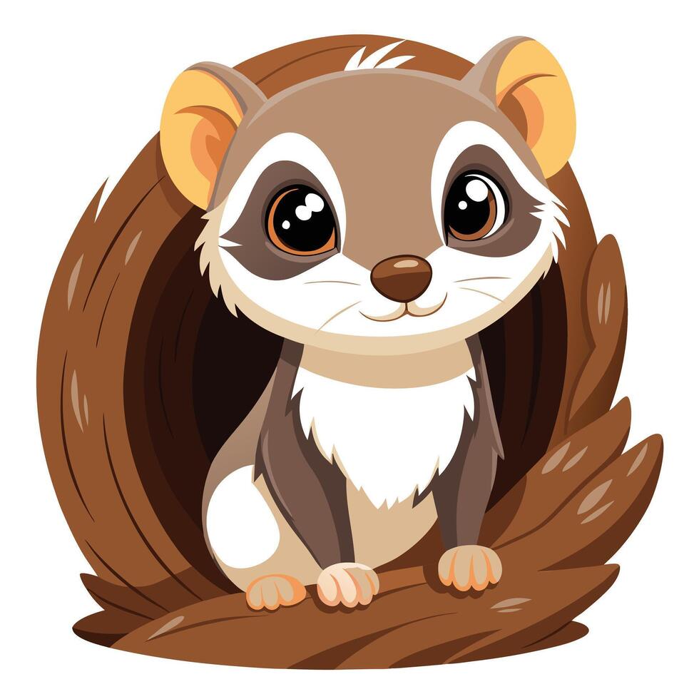 Puzzled curious ferret cautiously peeking from a fallen hollow log in a illustration vector