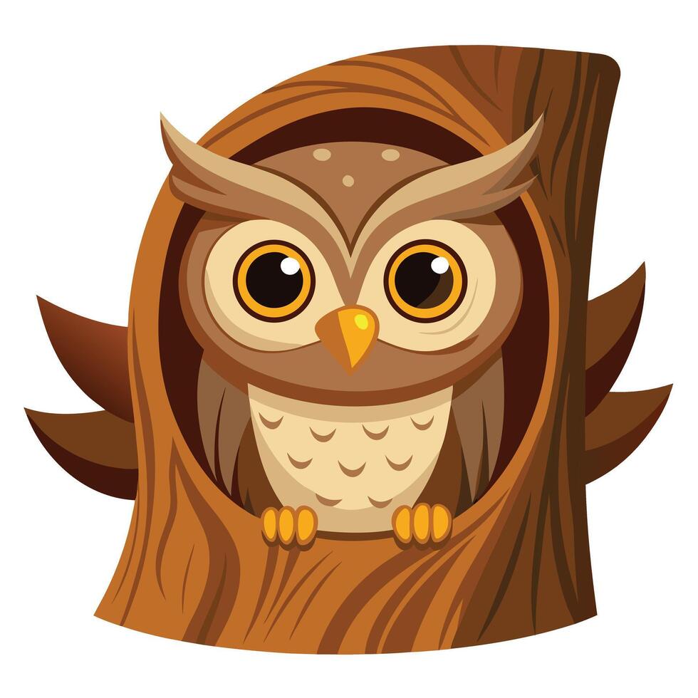 Puzzled curious owl carefully looking out from a cavity in an old tree vector