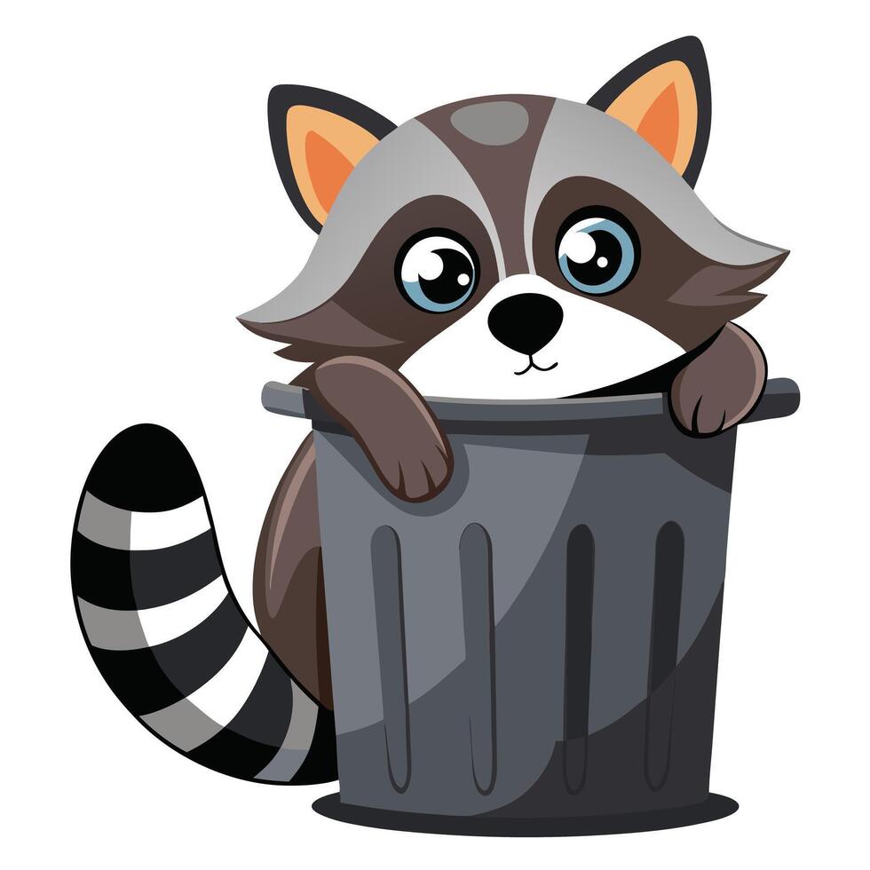 Intrigued curious raccoon peeking from behind a metal trash can with wide eyes vector