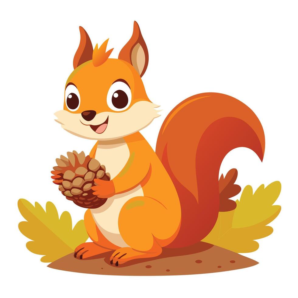 Observant curious squirrel with a bushy tail holding a pinecone while seated vector