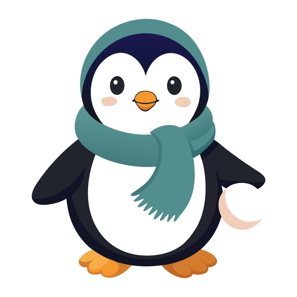 Charming baby penguin in a cozy scarf with a snowflake in its flipper vector
