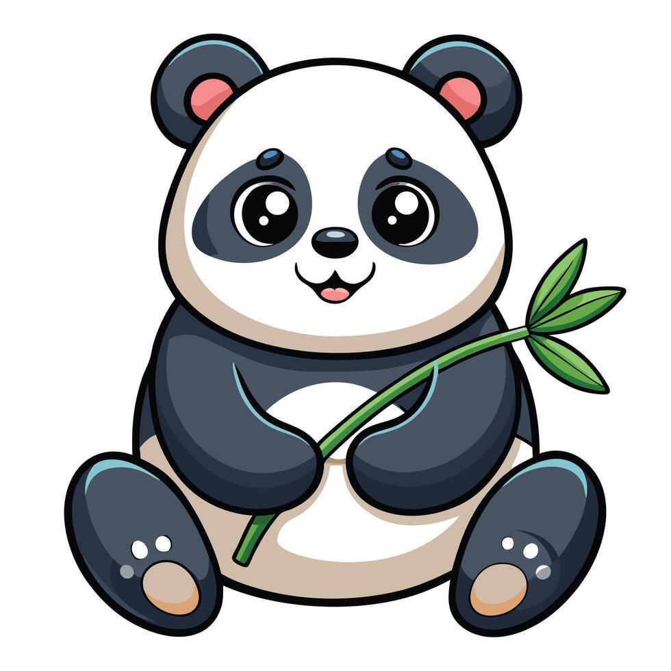 Happy cartoon panda with a bamboo stick in its paws art vector