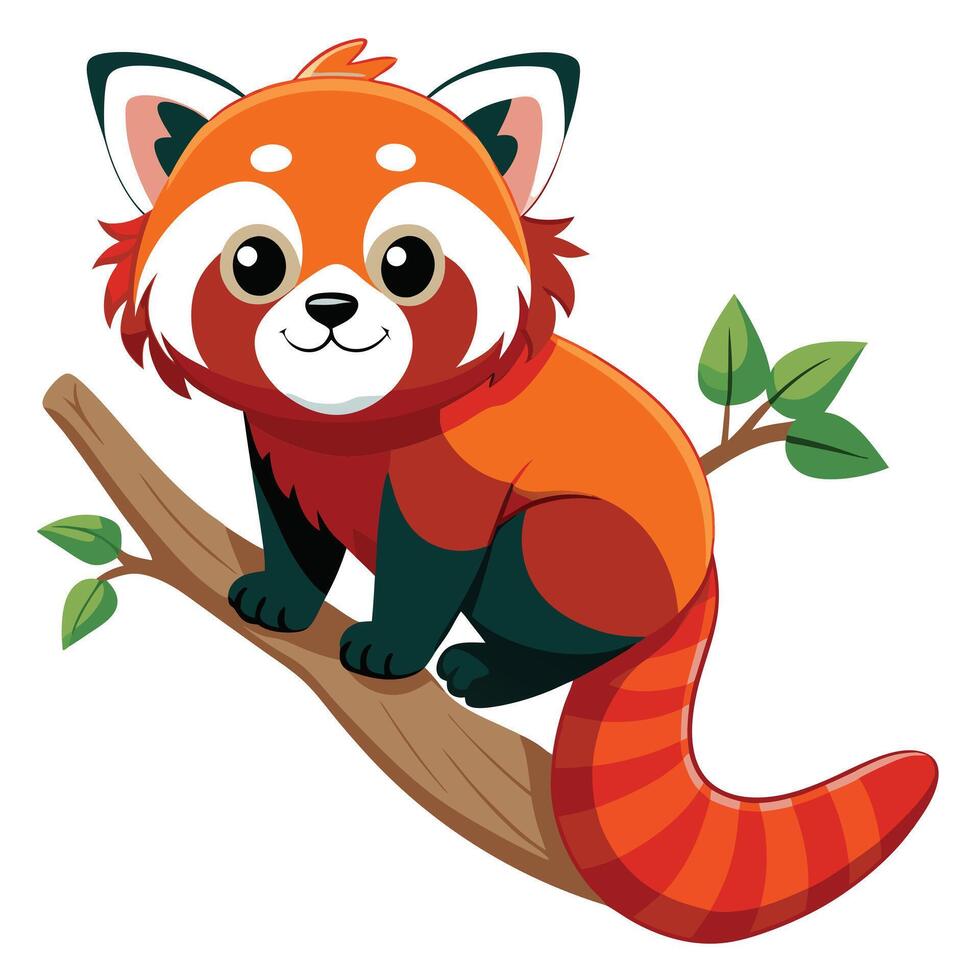 Happy red panda cub enjoying climbing a tree branch art vector
