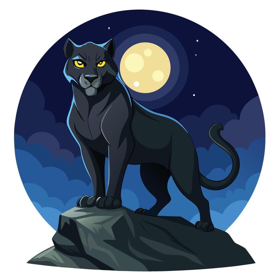 Graceful black panther silhouetted on a cliff under the moon art vector