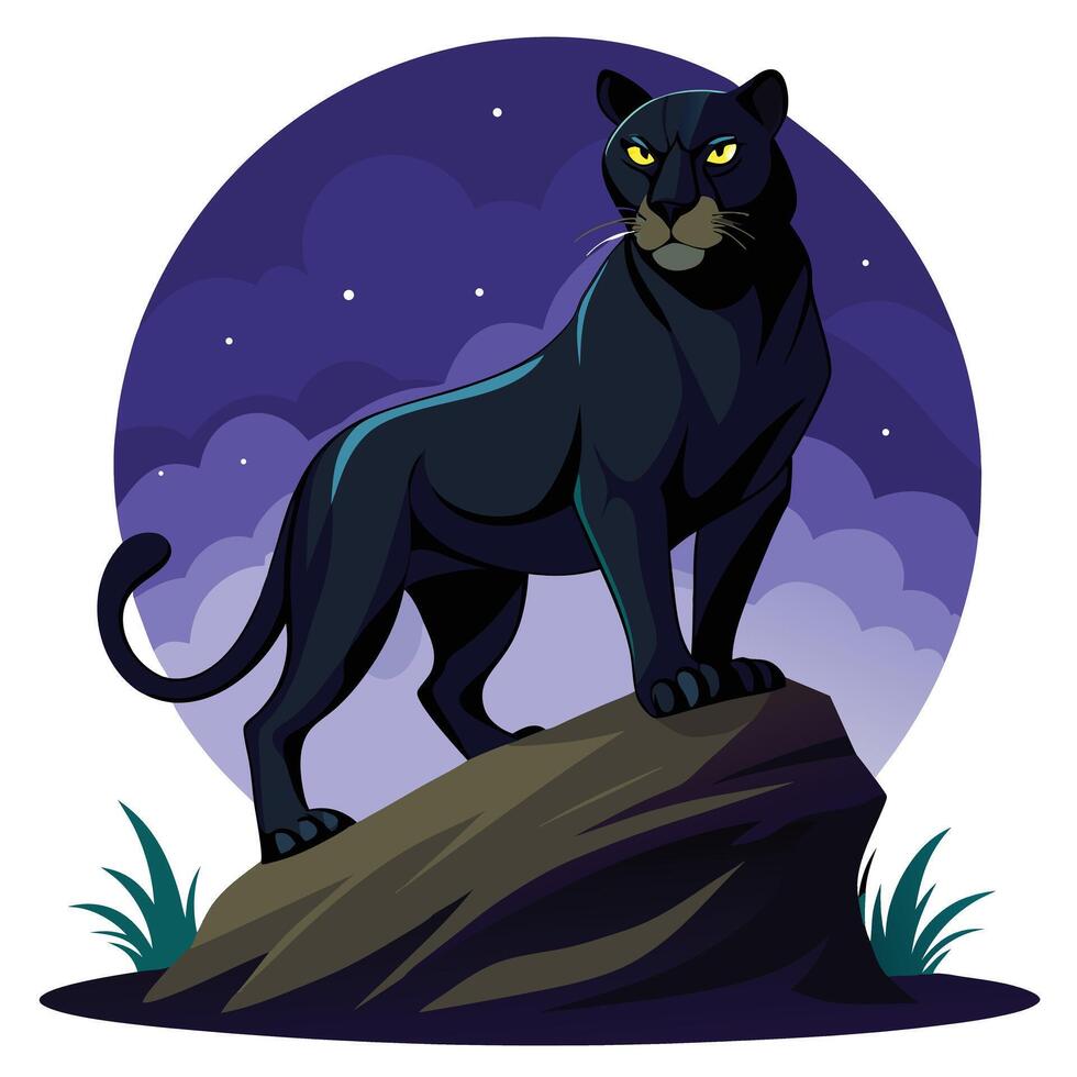 Sleek black panther on a stone at night with glowing eyes art vector