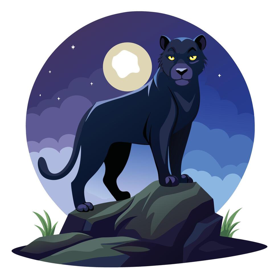 Majestic black panther overlooking the night landscape from a rock illustration vector