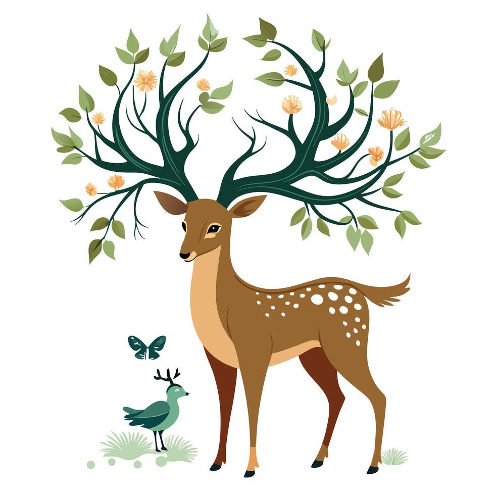 Elegant deer with tree branch antlers and tiny birds illustration vector