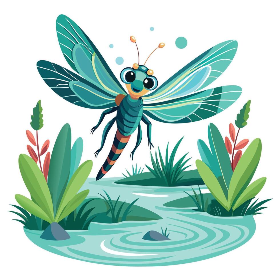 Vibrant energetic dragonfly hovering steadily over a tranquil pond with colorful wings vector