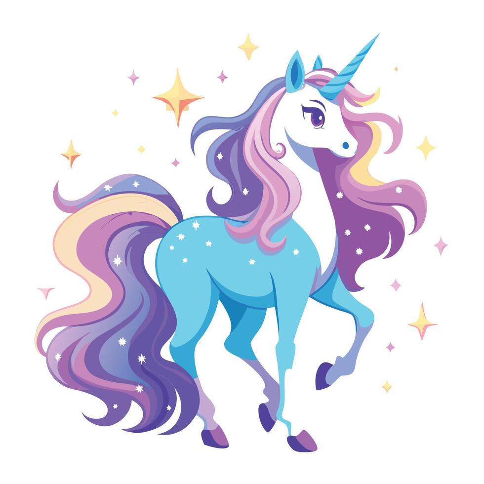 Dreamy unicorn surrounded by twinkling stars and a wavy mane vector