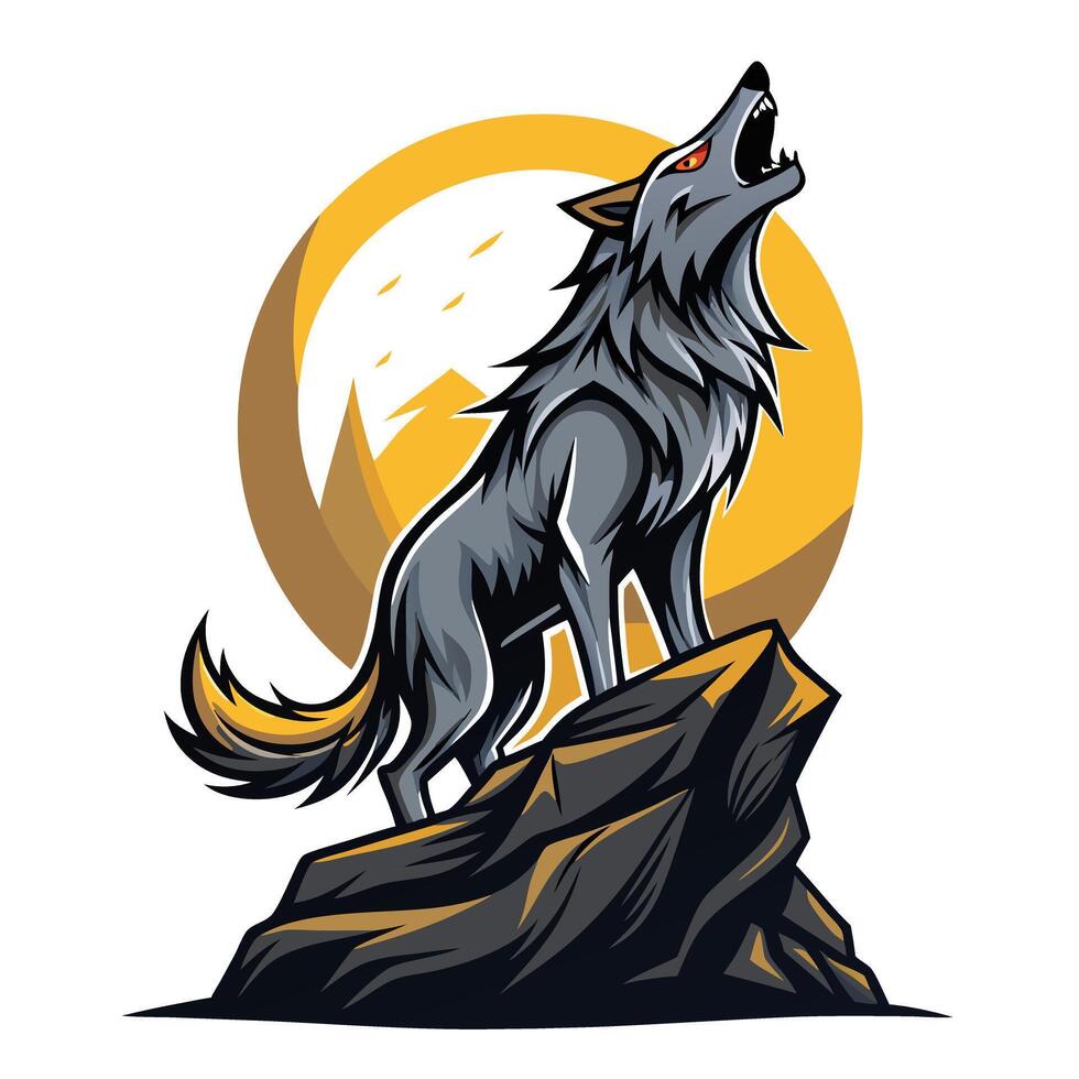 Powerful wolf howling at the moon from a rocky outcrop art vector