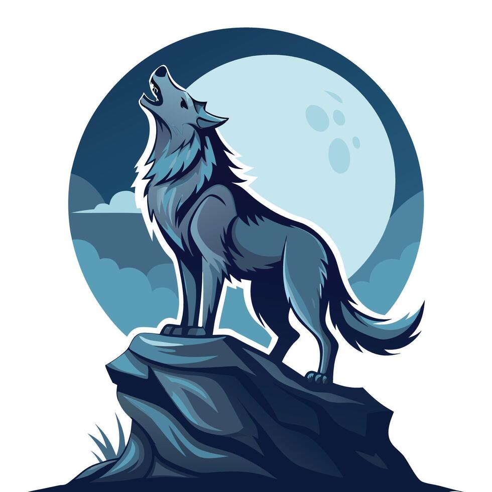 Fierce wolf howling on a rocky cliff with the moon in the background vector