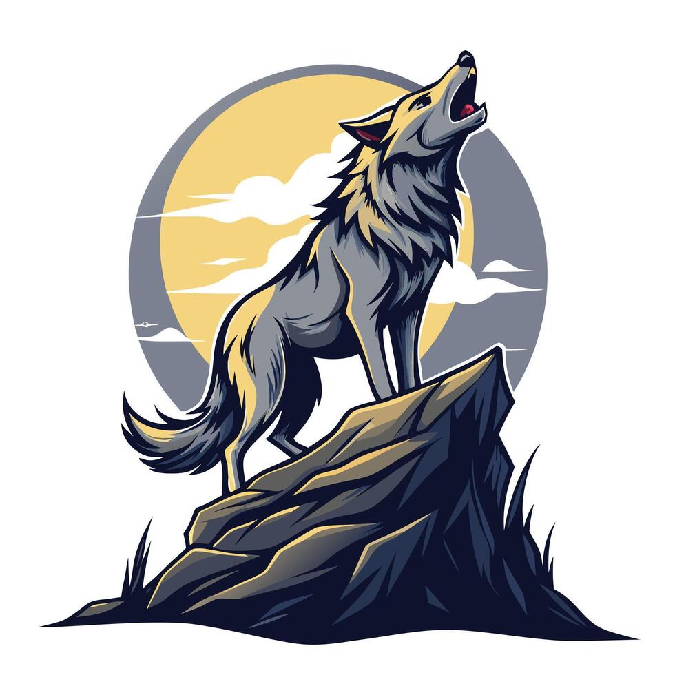Predatory wolf howling on a cliff at night with the moon behind art vector