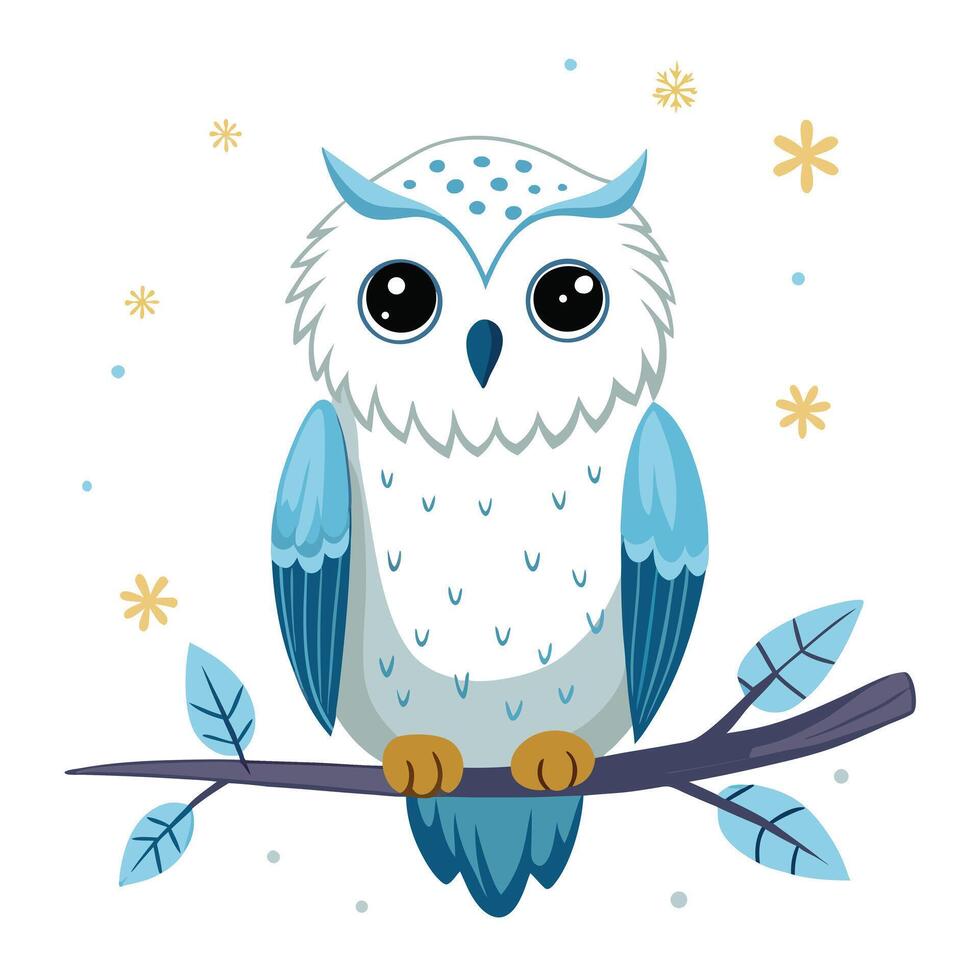 Adorable snowy owl with fluffy plumage on a branch with falling snow illustration vector