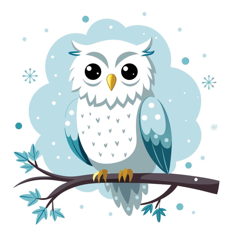 Fluffy snowy owl sitting on a branch with snowflakes illustration vector