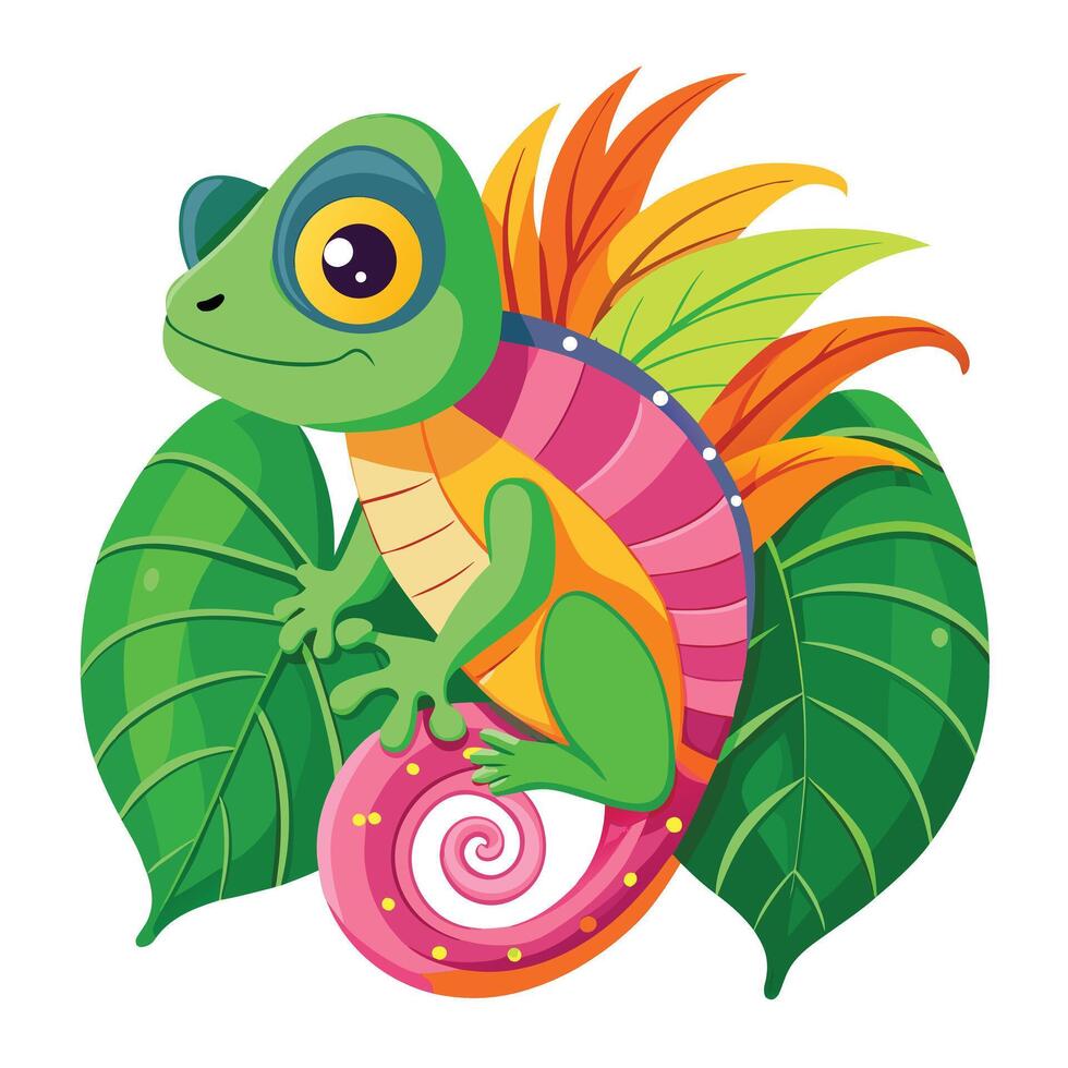 Cute cartoon chameleon on a leaf altering its skin color art vector
