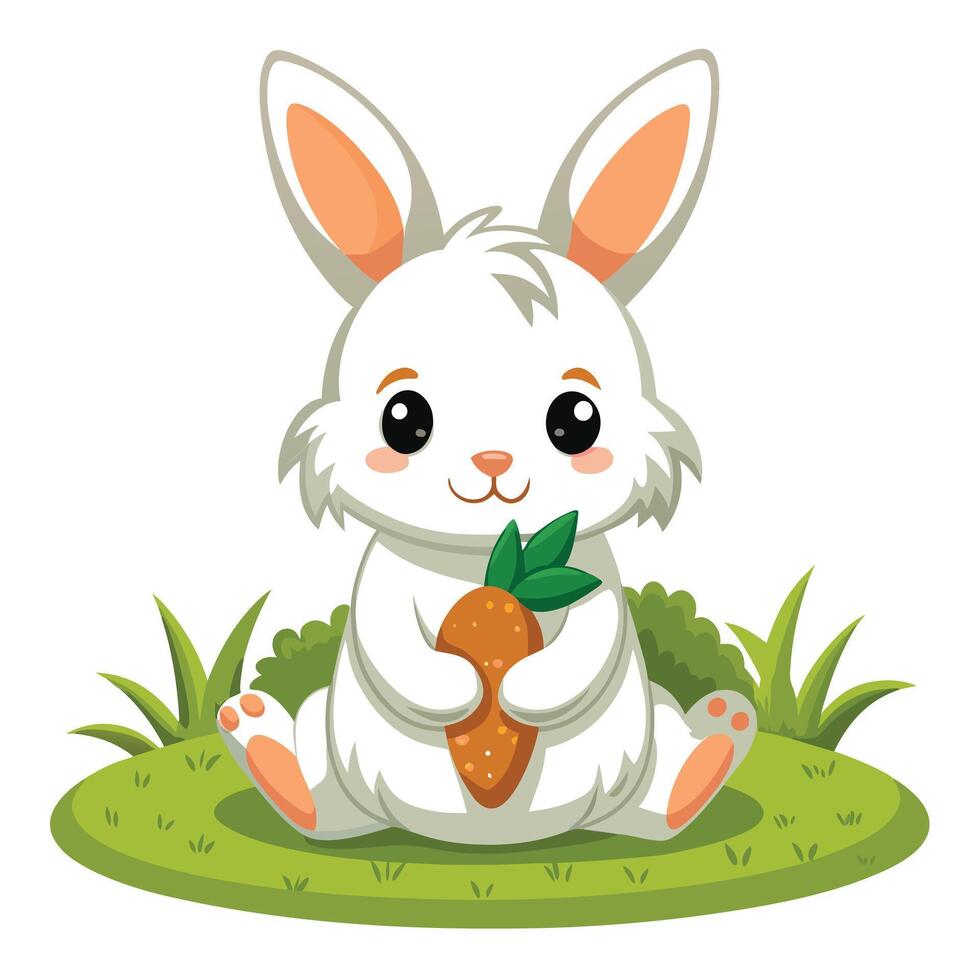 Happy white bunny with a fluffy tail holding a carrot on green grass art vector