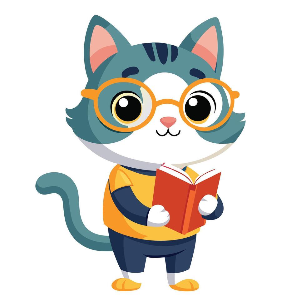 Cute cat with spectacles reading a book art illustration vector